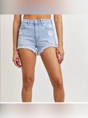 Just USA High Rise Distressed Hi-Lo Denim Shorts Light Blue